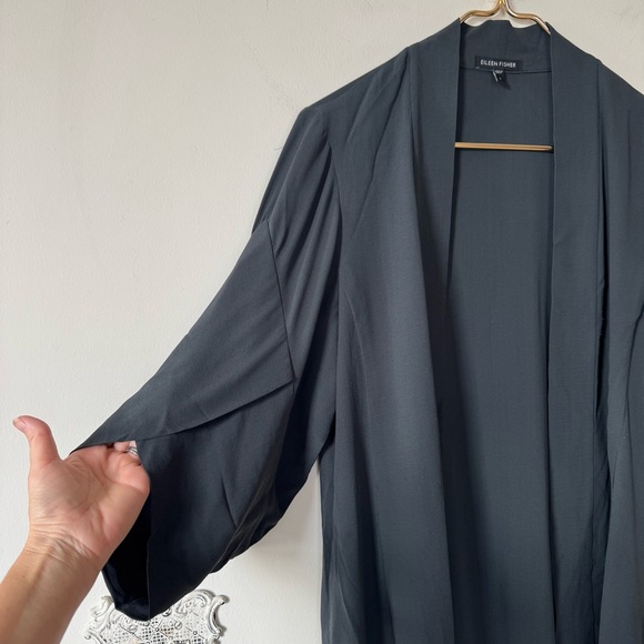 Eileen Fisher Black Silk Georgette Crepe Kimono Draped Open Blazer Jacket S - Picture 3 of 8